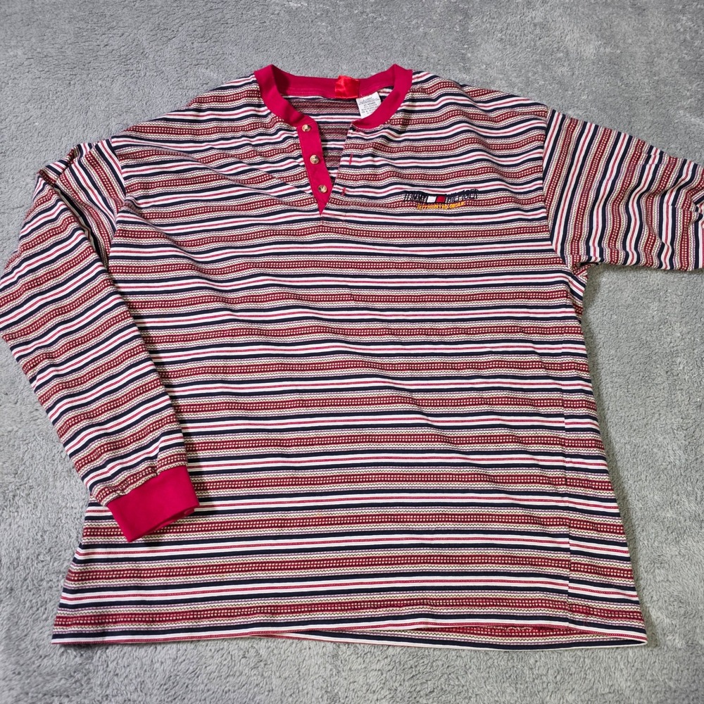 Tommy Hilfiger Mens XL Henley Shirt Red Navy Striped Long Sleeve Vintage Logo
